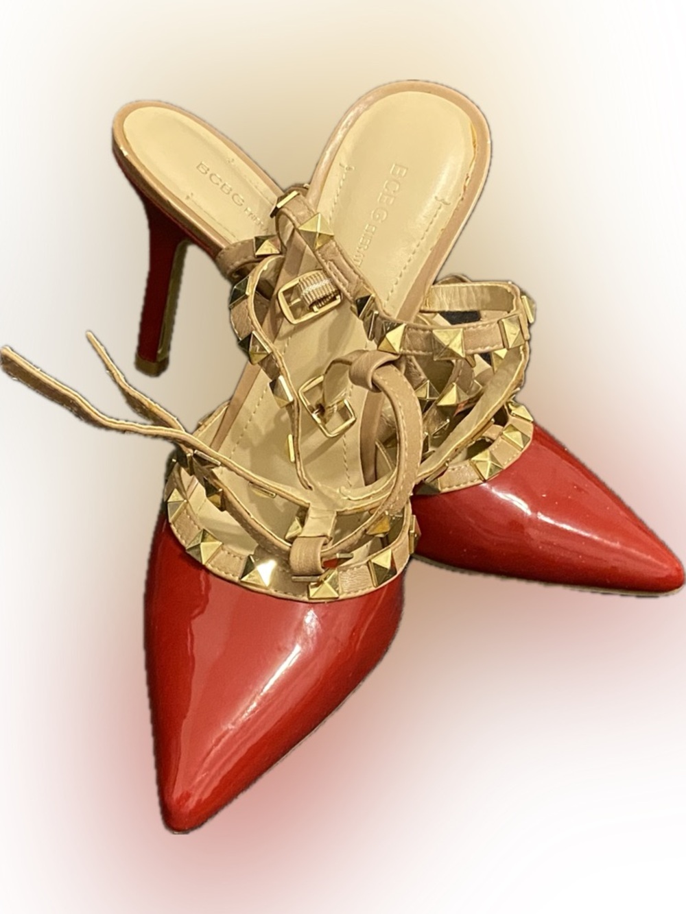 BCBGMaxAzria Red and Tan Heels with Gold Studs
